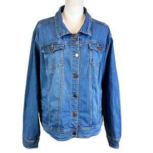 JouJou Jean Jacket Women Size 3X Blue Distressed Trucker Style Stone Wash Denim